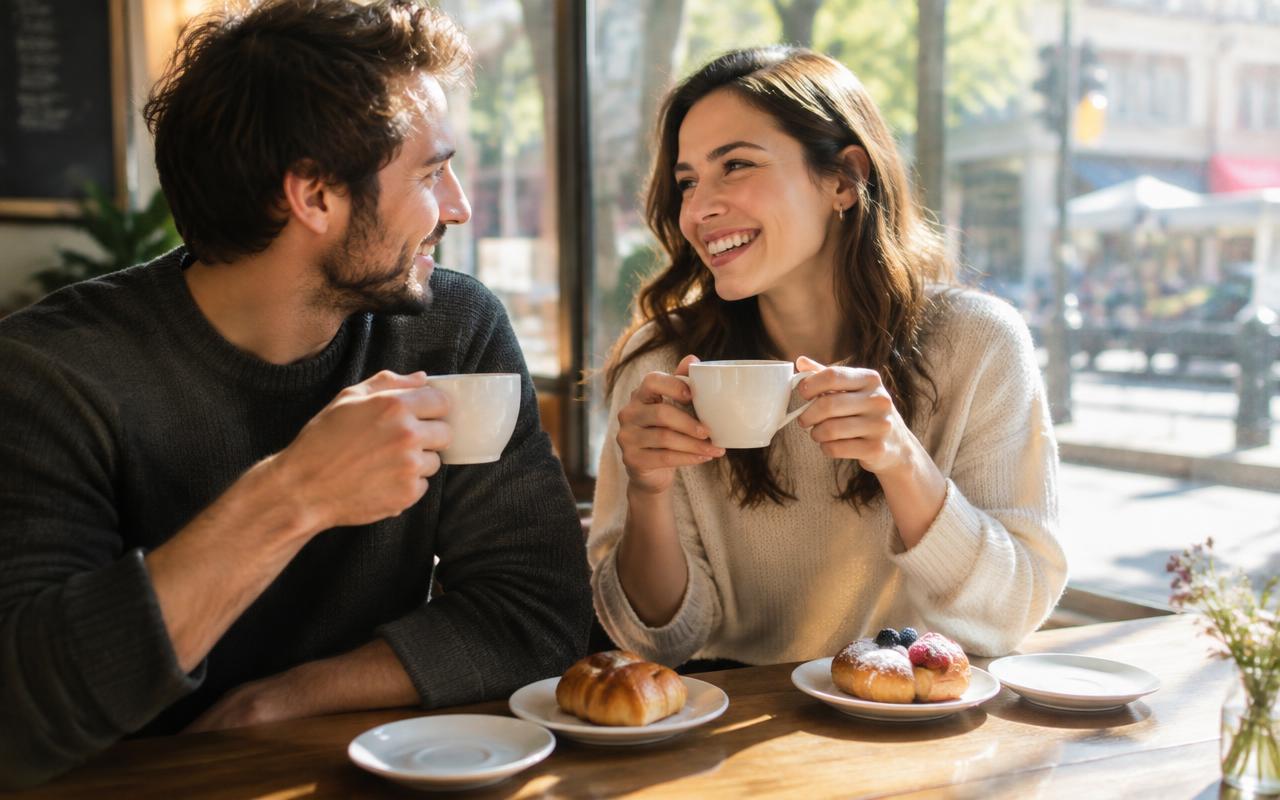 A couple laughing over coffee at a sunny café