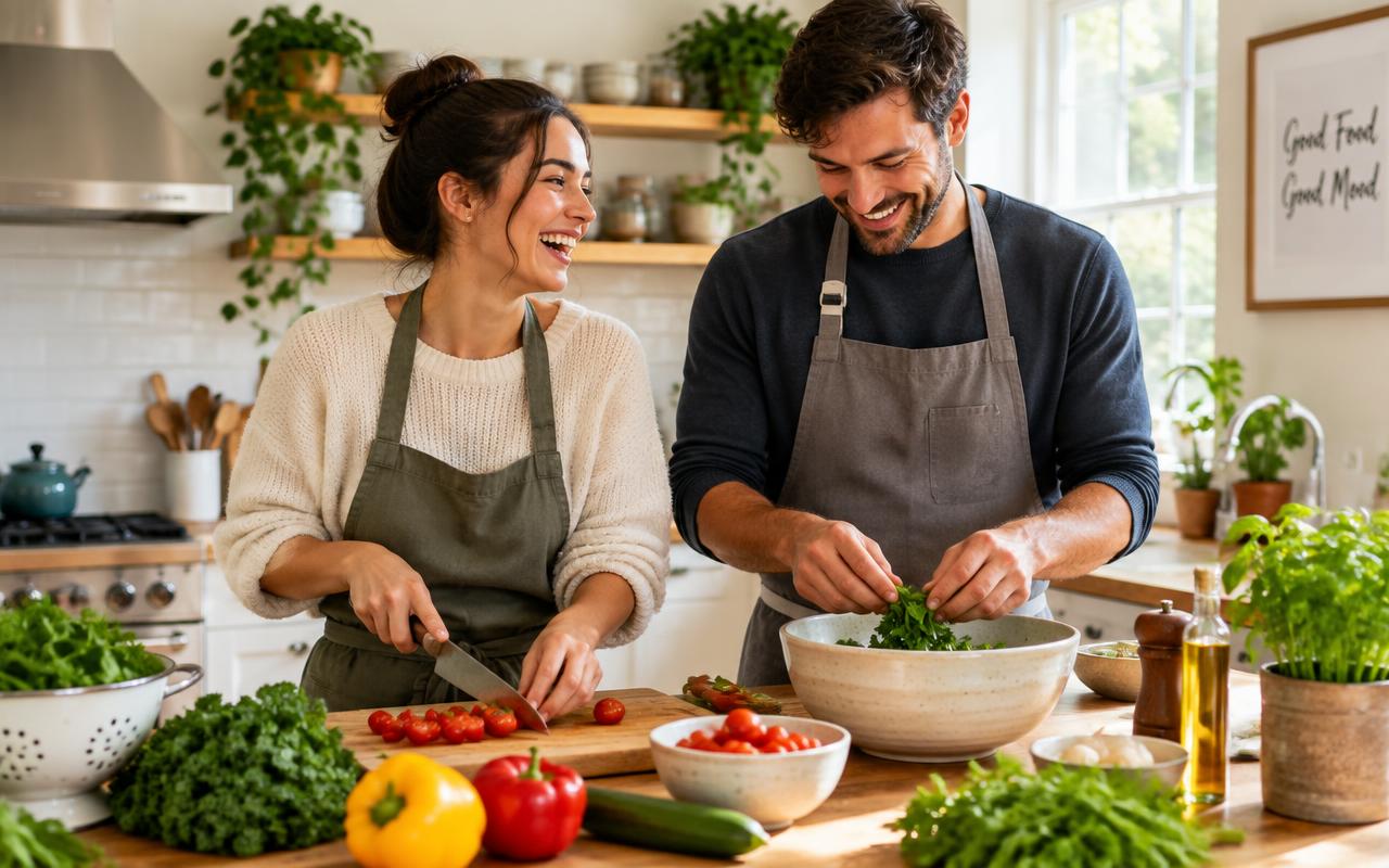 A couple cooking together in a bright kitchen