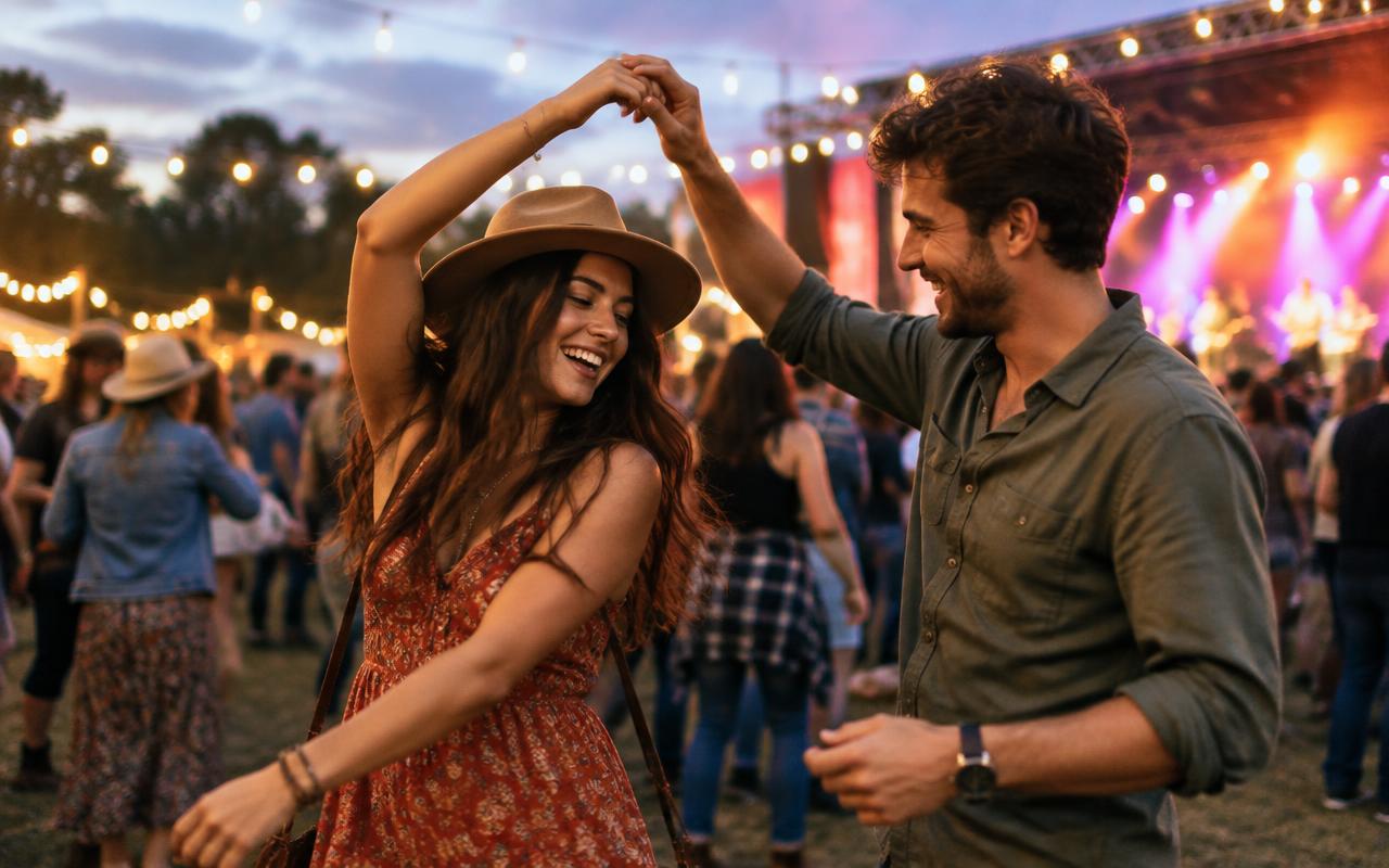 A couple dancing at an outdoor evening event