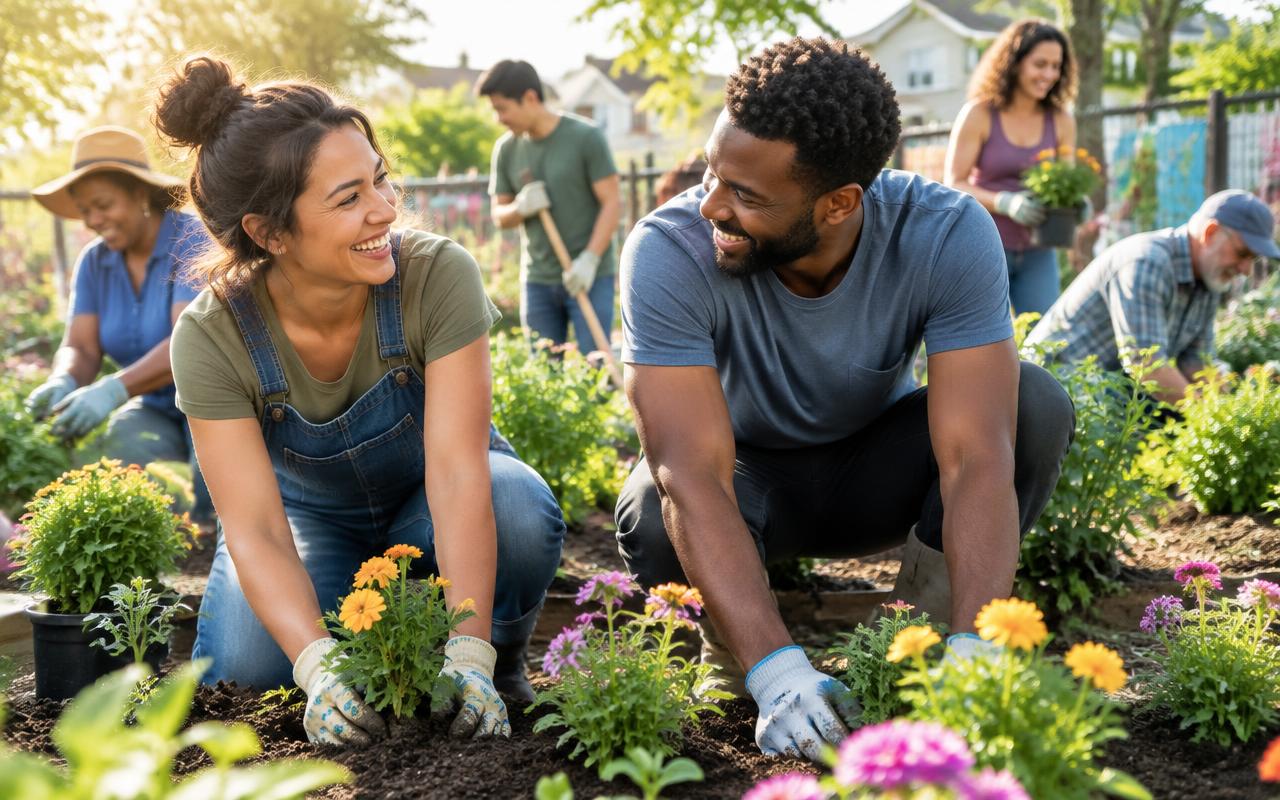 A couple planting flowers at a community gathering