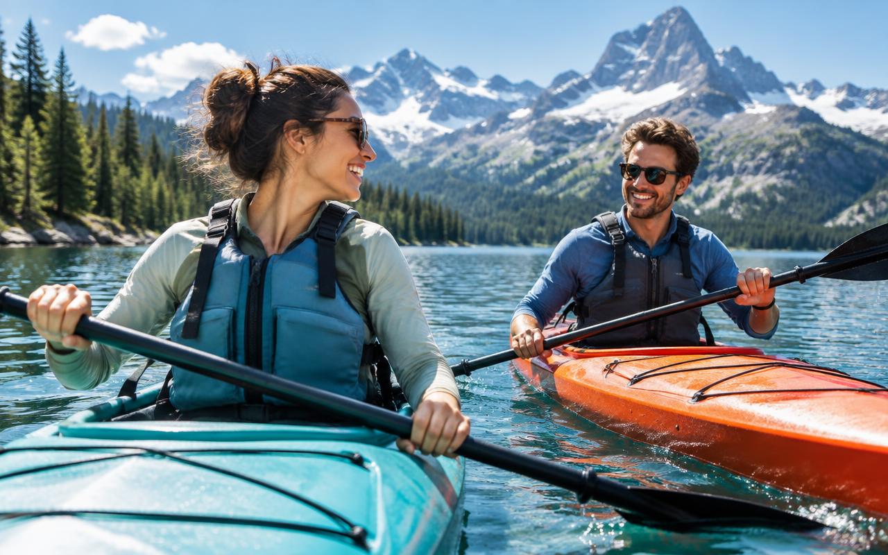 A couple kayaking on a mountain lake