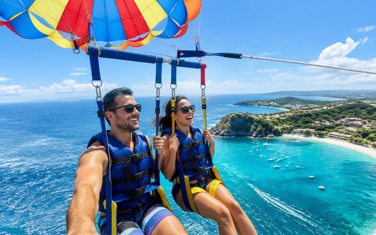 A couple parasailing over a blue bay