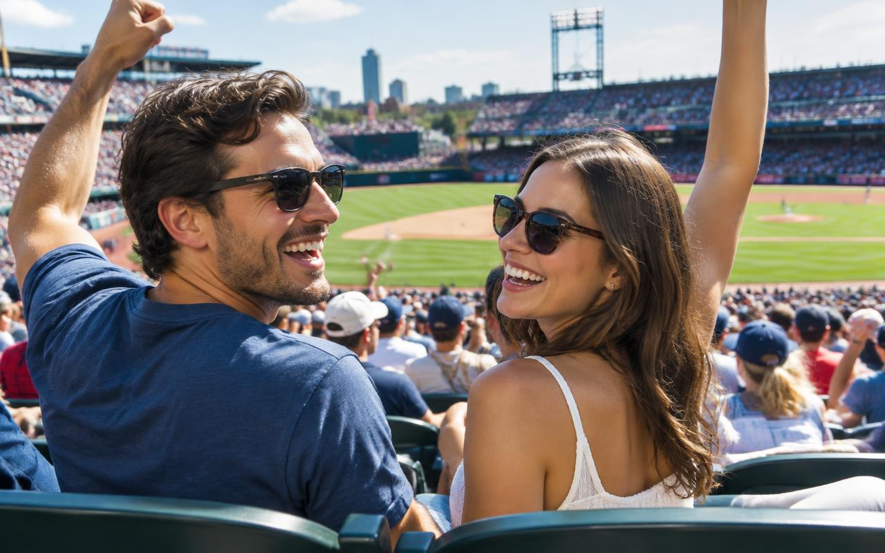 A couple cheering at a baseball game