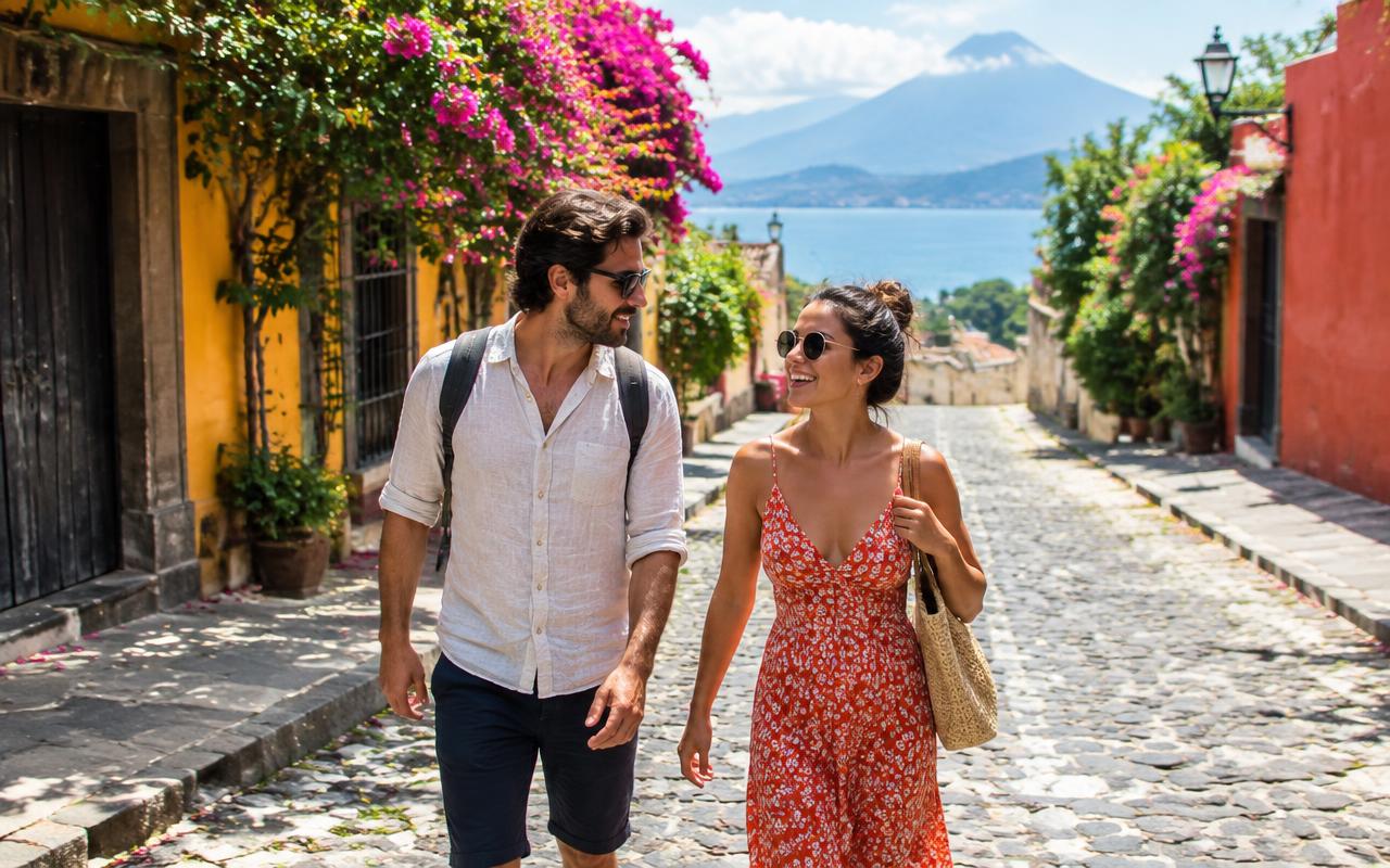 A couple exploring a coastal town together