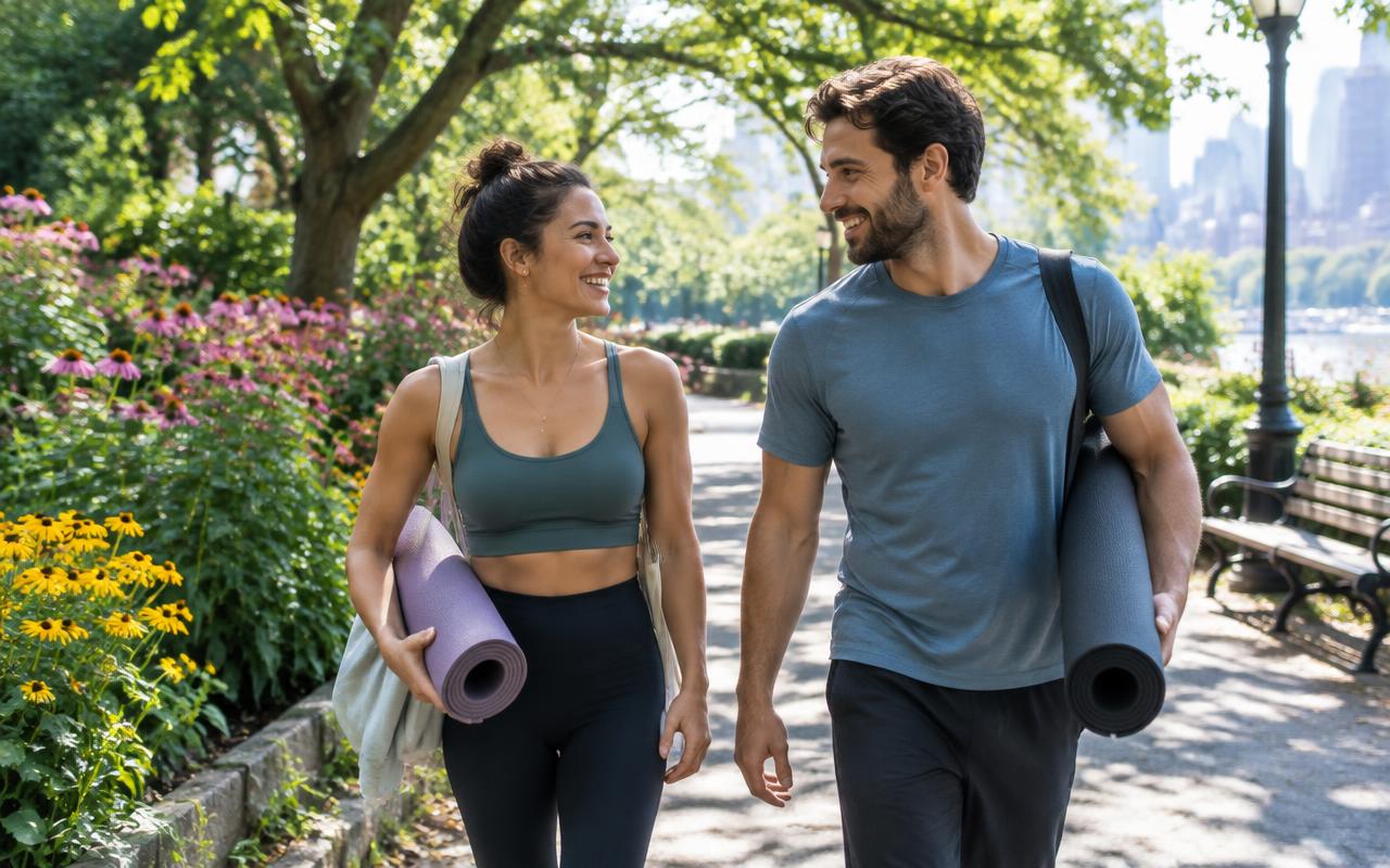 A couple walking to a yoga session